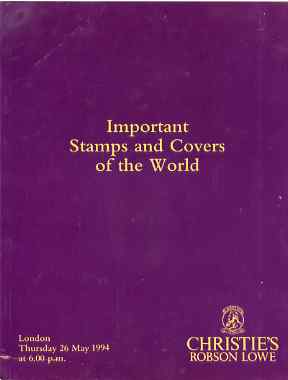 Auction Catalogue - World - Christie's 26 May 1994 - Important Stamps & Covers - cat only, stamps on , stamps on  stamps on auction catalogue - world - christie's 26 may 1994 - important stamps & covers - cat only