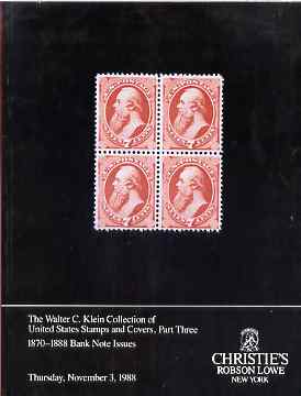 Auction Catalogue - United States - Christies NY 3 Nov 1988 - the Walter C Klein coll part 3 - with prices realised, stamps on 