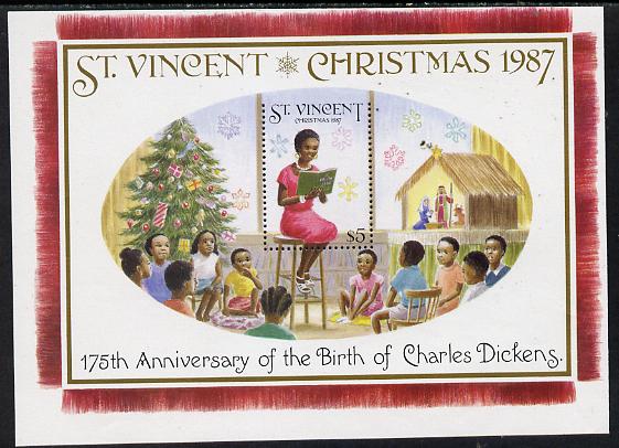 St Vincent 1987 Christmas (Charles Dickens) m/sheet (Teacher reading to Class) $5 stamp perf on 3 sides only (imperf at top) unmounted mint as SG MS 1124, stamps on , stamps on  stamps on literature, stamps on personalities, stamps on christmas, stamps on education, stamps on  stamps on dickens