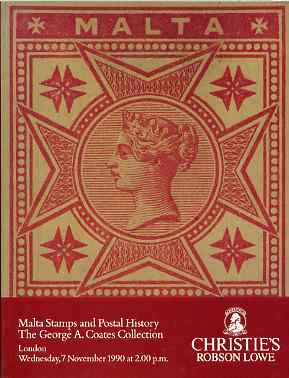 Auction Catalogue - Malta - Christie's 7 Nov 1990 - the George A Coates coll - with prices realised, stamps on , stamps on  stamps on auction catalogue - malta - christie's 7 nov 1990 - the george a coates coll - with prices realised