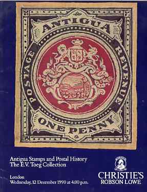 Auction Catalogue - Antigua - Christies 12 Dec 1990 - the E V Toegg coll - cat only, stamps on 