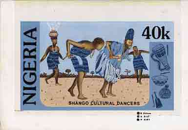 Nigeria 1986 Nigerian Life Def series - original hand-painted artwork for 40k value (Shango Cultural Dancers) by NSP&MCo Staff Artist Olukoya Ogunfowora, on board 222 mm ..., stamps on dancing