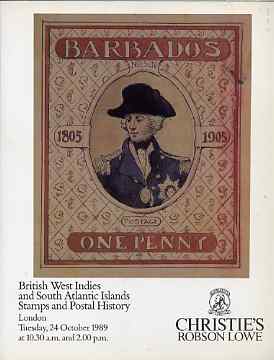Auction Catalogue - British West Indies & South Atlantics - Christie's Robson Lowe 24 Oct 1989 - with prices realised, stamps on , stamps on  stamps on auction catalogue - british west indies & south atlantics - christie's robson lowe 24 oct 1989 - with prices realised