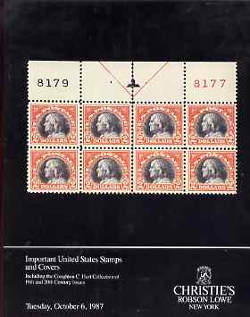 Auction Catalogue - United States - Christie's Robson Lowe 6 Oct 1987 - incl the Creighton C Hart coll - with prices realised, stamps on , stamps on  stamps on auction catalogue - united states - christie's robson lowe 6 oct 1987 - incl the creighton c hart coll - with prices realised