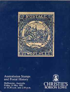 Auction Catalogue - Australasia - Christie's Robson Lowe 10 May 1991 - incl the Thomas L Belknap & L J Tyler collections - cat only, stamps on , stamps on  stamps on auction catalogue - australasia - christie's robson lowe 10 may 1991 - incl the thomas l belknap & l j tyler collections - cat only