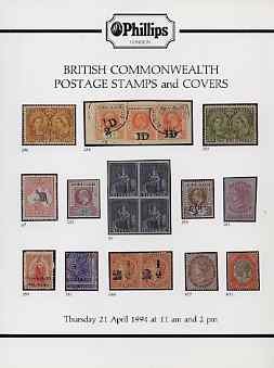 Auction Catalogue - British Commonwealth - Phillips 21 Apr 1994 - incl West Indies & Canada - with prices realised (some ink notations), stamps on , stamps on  stamps on auction catalogue - british commonwealth - phillips 21 apr 1994 - incl west indies & canada - with prices realised (some ink notations)