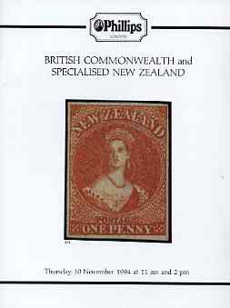 Auction Catalogue - British Commonwealth - Phillips 10 Nov 1994 - incl the Ian Fogg & W Jackson collections of New Zealand - with prices realised , stamps on , stamps on  stamps on auction catalogue - british commonwealth - phillips 10 nov 1994 - incl the ian fogg & w jackson collections of new zealand - with prices realised 