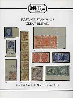 Auction Catalogue - Great Britain - Phillips 7 Apr 1994 - with prices realised, stamps on 