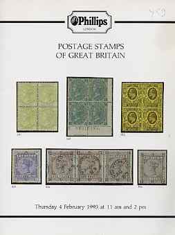 Auction Catalogue - Great Britain - Phillips 4 Feb 1993 - with prices realised (some ink notations), stamps on 