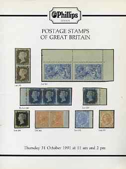 Auction Catalogue - Great Britain - Phillips 31 Oct 1991 - with prices realised (some ink notations), stamps on 