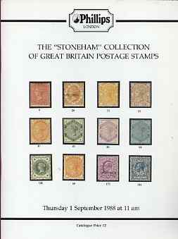 Auction Catalogue - Great Britain - Phillips 1 Sept 1988 - with the Stoneham coll - cat only, stamps on , stamps on  stamps on auction catalogue - great britain - phillips 1 sept 1988 - with the stoneham coll - cat only