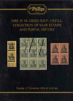 Auction Catalogue - Saar - Phillips 17 Nov 1992 - the D M Green coll - cat only , stamps on 