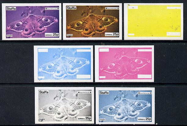 Staffa 1974 Butterflies & Scout Anniversary 25p (Emperor) set of 7 imperf progressive colour proofs comprising the 4 individual colours plus 2, 3 and all 4-colour composites unmounted mint, stamps on , stamps on  stamps on butterflies      scouts