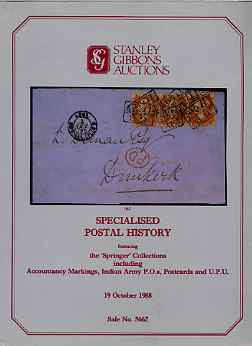 Auction Catalogue - Postal History - Stanley Gibbons 19 Oct 1988 - incl the Springer collections - cat only , stamps on 