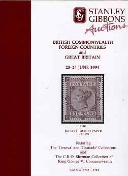Auction Catalogue - Great Britain - Stanley Gibbons 23-4 June 1994 - incl the Geneva & Granada collections (plus Commonwealth & Foreign) - with prices realised (few ink n..., stamps on 