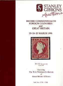 Auction Catalogue - Great Britain - Stanley Gibbons 23-25 Mar 1994 - incl the Wiseman coll of Officials (plus Commonwealth & Foreign) - cat only, stamps on 
