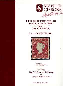 Auction Catalogue - Great Britain - Stanley Gibbons 23-25 Mar 1994 - incl the Wiseman coll of Officials (plus Commonwealth & Foreign) - cat only, stamps on , stamps on  stamps on auction catalogue - great britain - stanley gibbons 23-25 mar 1994 - incl the wiseman coll of officials (plus commonwealth & foreign) - cat only