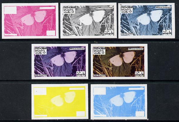Oman 1974? Scout Anniversary - Butterflies 5b (Green-Veined White) set of 7 imperf progressive colour proofs comprising the 4 individual colours plus 2, 3 and all 4-colou..., stamps on butterflies      scouts
