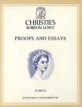 Auction Catalogue - Proofs & Essays - Christies Robson Lowe 5 Nov 1986 - cat only, stamps on 