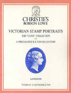 Auction Catalogue - Victorian Stamp Portraits - Christies Robson Lowe 12 Sept 1989 - the Clive collection - with prices realised, stamps on 