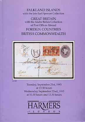 Auction Catalogue - Great Britain & Falkland Islands - Harmers 21-22 Sept 1993 - the Earl Spencer (Falklands) & Andre Bollen (Great Britain Post Offices Abroad) - with prices realised, stamps on , stamps on  stamps on auction catalogue - great britain & falkland islands - harmers 21-22 sept 1993 - the earl spencer (falklands) & andre bollen (great britain post offices abroad) - with prices realised