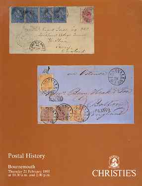 Auction Catalogue - Postal History - Christies 21 Feb 1991 - items from the Ian T Hamilton, F E Dixon and John O Griffiths collections - with prices realised, stamps on 