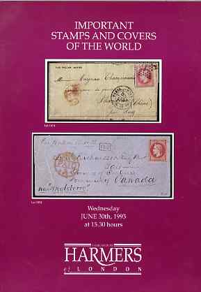 Auction Catalogue - Important Stamps & Covers of the World - Harmers 30 Jun 1993 - cat only, stamps on , stamps on  stamps on auction catalogue - important stamps & covers of the world - harmers 30 jun 1993 - cat only