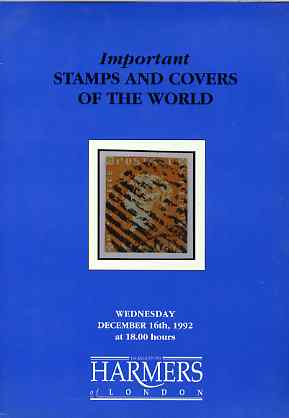 Auction Catalogue - Important Stamps & Covers of the World - Harmers 16 Dec 1992 - cat only, stamps on 