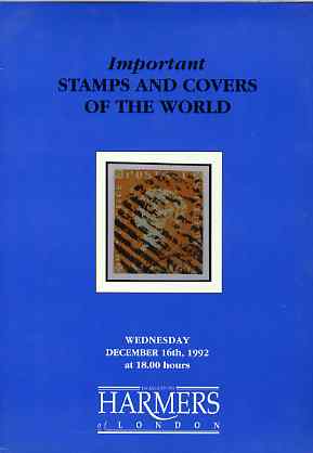 Auction Catalogue - Important Stamps & Covers of the World - Harmers 16 Dec 1992 - cat only, stamps on 