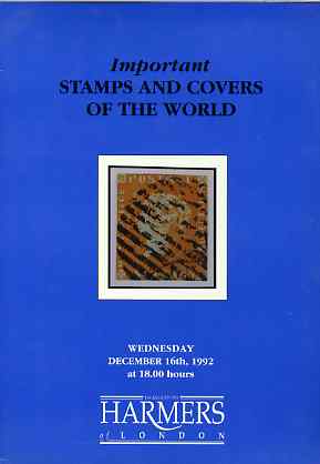 Auction Catalogue - Important Stamps & Covers of the World - Harmers 16 Dec 1992 - cat only, stamps on , stamps on  stamps on auction catalogue - important stamps & covers of the world - harmers 16 dec 1992 - cat only