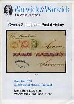 Auction Catalogue - Cyprus - Warwick & Warwick 3 June 1992 - with prices realised, stamps on , stamps on  stamps on auction catalogue - cyprus - warwick & warwick 3 june 1992 - with prices realised