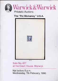 Auction Catalogue - United States - Warwick & Warwick 7 Feb 1996 - the Pat Mulvaney coll - cat only, stamps on , stamps on  stamps on auction catalogue - united states - warwick & warwick 7 feb 1996 - the pat mulvaney coll - cat only