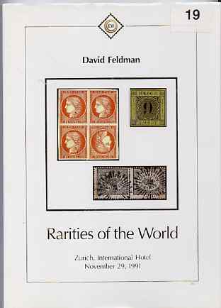 Auction Catalogue - Rarities of the World - David Feldman 29 November 1991 - Hardbound cat only, stamps on 