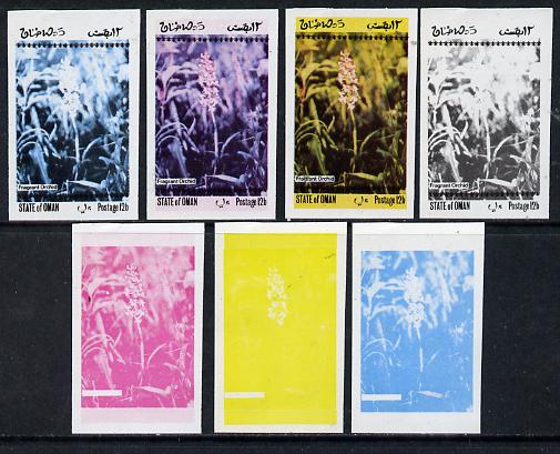Oman 1973 Orchids (With Scout Emblems) 12b (Fragrant Orchid) set of 7 imperf progressive colour proofs comprising the 4 individual colours plus 2, 3 and all 4-colour composites unmounted mint, stamps on flowers   orchids      scouts