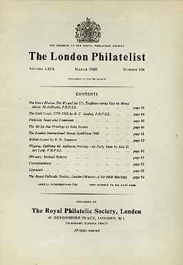 Literature - London Philatelist Vol 69 Number 0808 dated Mar 1960 - with articles relating to Gold Coast, De La Rue, British Levant & Victoria, stamps on 