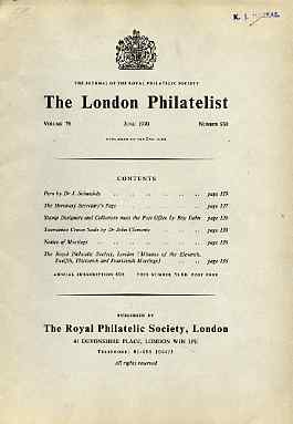 Literature - London Philatelist Vol 79 Number 0930 dated June 1970 - with articles relating to Peru & Tasmania