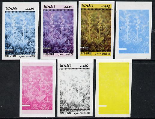 Oman 1973 Orchids (With Scout Emblems) 15b (Fen Orchid) set of 7 imperf progressive colour proofs comprising the 4 individual colours plus 2, 3 and all 4-colour composite..., stamps on flowers   orchids      scouts