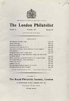 Literature - London Philatelist Vol 82 Number 0971 dated Nov 1973 - with articles relating to Maritime Male, Hungary, De La Rue Profs & Japan, stamps on 