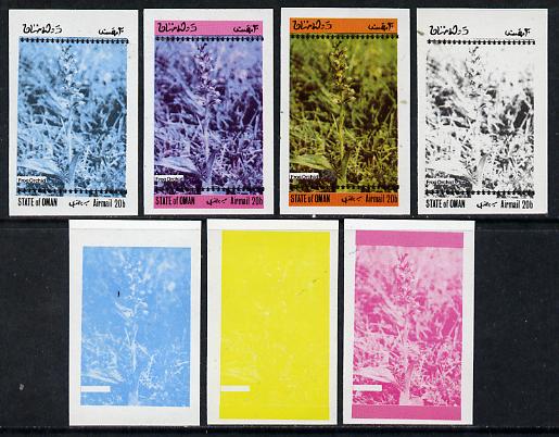 Oman 1973 Orchids (With Scout Emblems) 20b (Frog Orchid) set of 7 imperf progressive colour proofs comprising the 4 individual colours plus 2, 3 and all 4-colour composit..., stamps on flowers   orchids      scouts