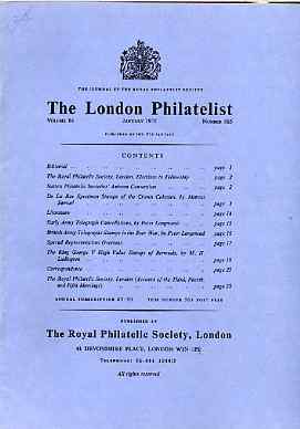 Literature - London Philatelist Vol 84 Number 0985 dated Jan 1975 - with articles relating to De La Rue Specimens, Army Telegraphs & Bermuda, stamps on 