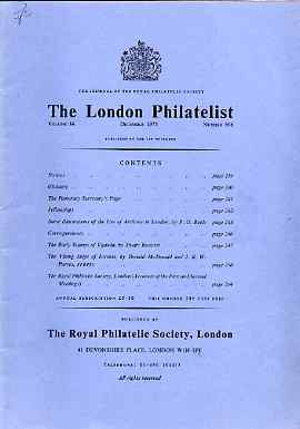 Literature - London Philatelist Vol 84 Number 0996 dated Dec 1975 - with articles relating to Archives, Uganda & Estonia (articles continued from Nov issue), stamps on 