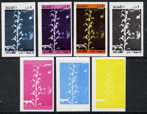 Oman 1973 Orchids (With Scout Emblems) 1R (Twayblade) set of 7 imperf progressive colour proofs comprising the 4 individual colours plus 2, 3 and all 4-colour composites ..., stamps on flowers   orchids      scouts