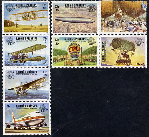 St Thomas & Prince Islands 1983 Bicentenary of Manned Flight set of 7, unmounted mint Mi 830-36, stamps on , stamps on  stamps on aviation, stamps on  stamps on airships, stamps on  stamps on zeppelins, stamps on  stamps on balloons, stamps on  stamps on boeing, stamps on  stamps on 707, stamps on  stamps on wright, stamps on  stamps on bleriot, stamps on  stamps on vickers