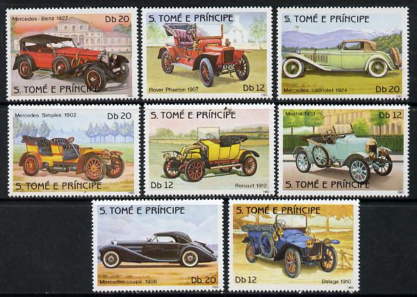 St Thomas & Prince Islands 1983 History of Motoring set of 8, unmounted mint, Mi 852-59, stamps on cars, stamps on mercedes, stamps on renault, stamps on rover, stamps on morris, stamps on delage