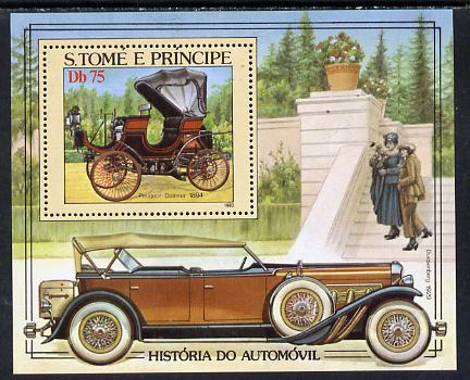 St Thomas & Prince Islands 1983 History of Motoring m/sheet, unmounted mint, Mi BL 137, stamps on , stamps on  stamps on cars      peugeot daimler      deusenberg