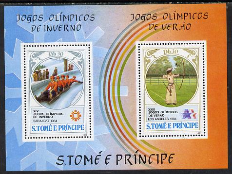 St Thomas & Prince Islands 1983 Olympic Games m/sheet (Bobsled & Archery) unmounted mint Mi BL 142A, stamps on , stamps on  stamps on olympics      sport    bobsled    archery