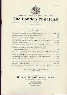 Literature - London Philatelist Vol 109 Number 1279 dated October 2000 - with articles relating to Jordan, France & Colonies and Hannover, stamps on , stamps on  stamps on literature - london philatelist vol 109 number 1279 dated october 2000 - with articles relating to jordan, stamps on  stamps on  france & colonies and hannover