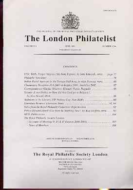 Literature - London Philatelist Vol 110 Number 1284 dated April 2001 - with articles relating to USA Wells Fargo, Indian PAs in the Gulf & Prince Edward Island, stamps on 