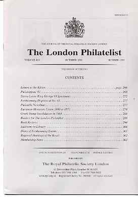 Literature - London Philatelist Vol 110 Number 1289 dated October 2001 - with articles relating to Sierra Leone Specimens, European Monetary Unions & Greece, stamps on 