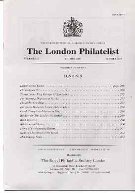 Literature - London Philatelist Vol 110 Number 1289 dated October 2001 - with articles relating to Sierra Leone Specimens, European Monetary Unions & Greece, stamps on , stamps on  stamps on literature - london philatelist vol 110 number 1289 dated october 2001 - with articles relating to sierra leone specimens, stamps on  stamps on  european monetary unions & greece